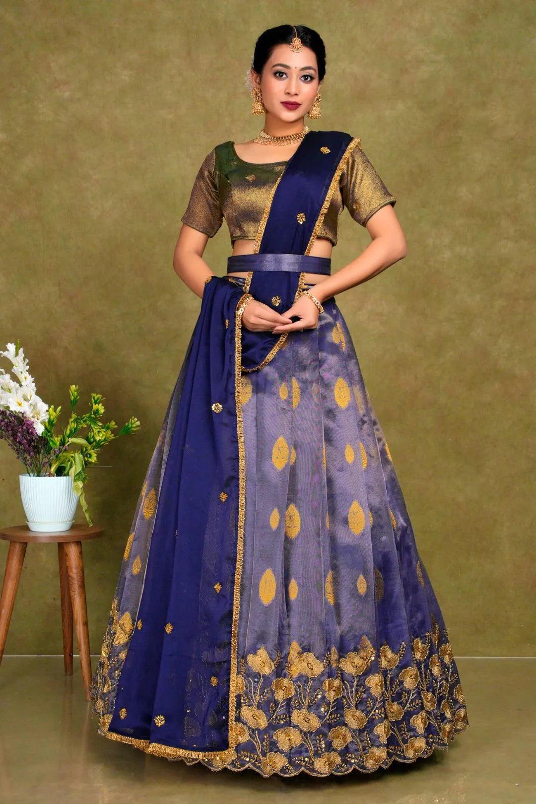 Blue Zari Woven Tissue Silk Lehenga Choli For Women
