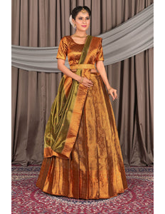 Woman wearing a traditional outfit with a bronze lehenga choli with dupatta