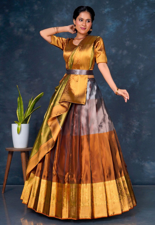 Woman wearing a traditional lehenga choli with dupatta