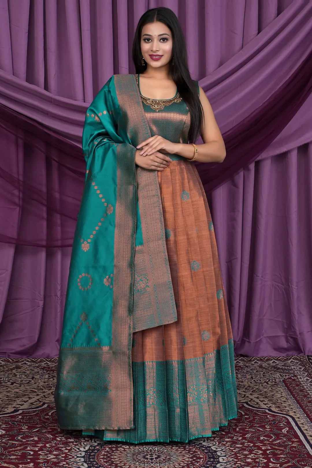 Brown Designer Banarasi Gown With Dupatta