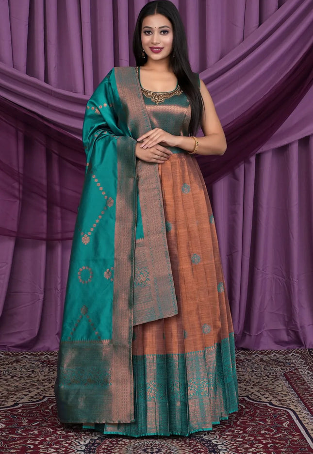 Brown Designer Banarasi Gown With Dupatta