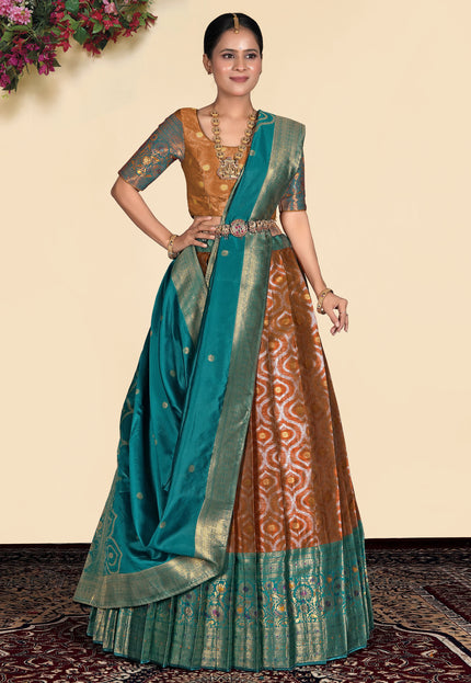 Woman wearing a traditional lehenga with a patterned blouse