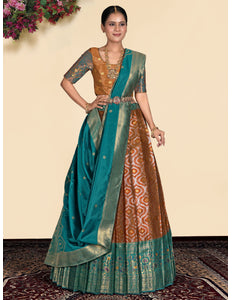 Woman wearing a traditional lehenga with a patterned blouse