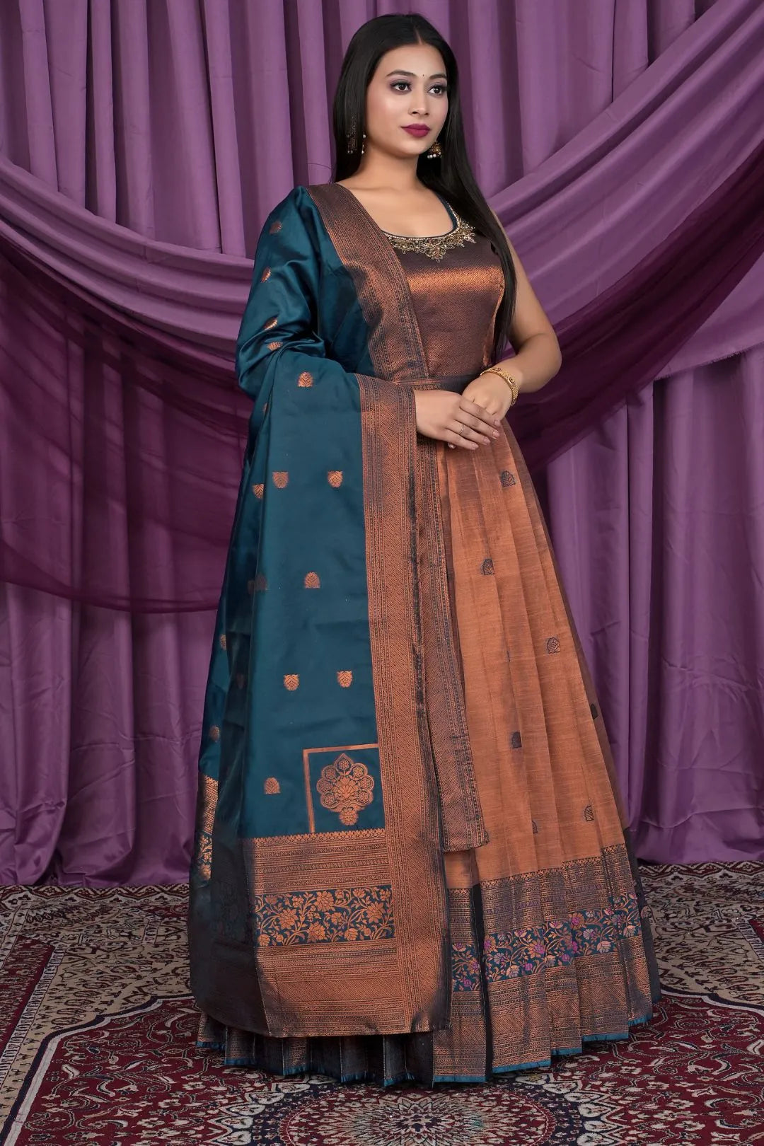 Brown Designer Banarasi Gown With Dupatta