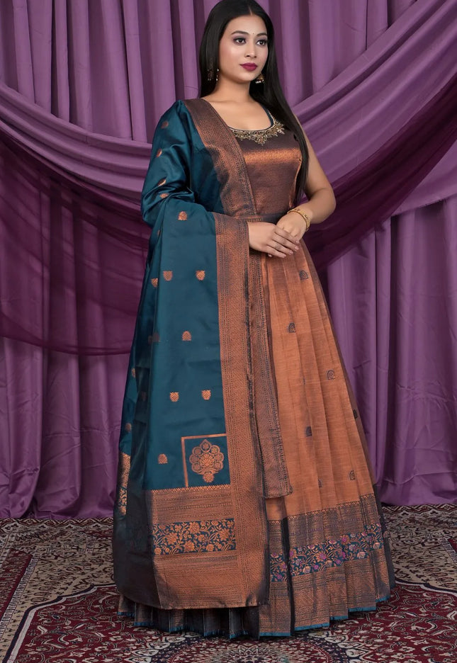 Brown Designer Banarasi Gown With Dupatta