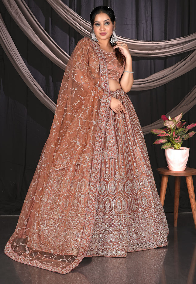Brown Net Party wear Embroidered Lehenga Choli For Women