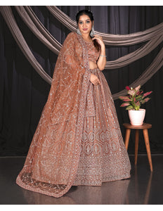 Brown Net Party wear Embroidered Lehenga Choli For Women