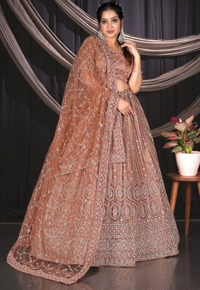 Brown Net Party wear Embroidered Lehenga Choli For Women