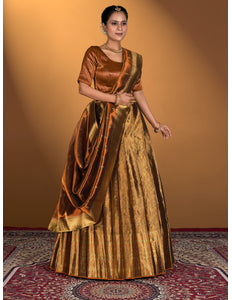 Woman wearing a traditional gold and bronze lehenga choli