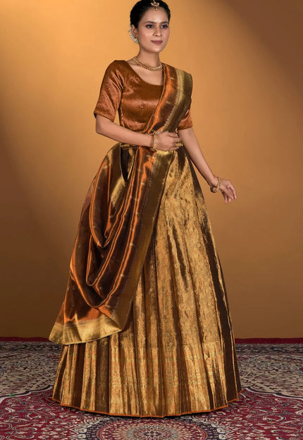 Brown Pure Two Tone Zari Tissue Lehenga Choli