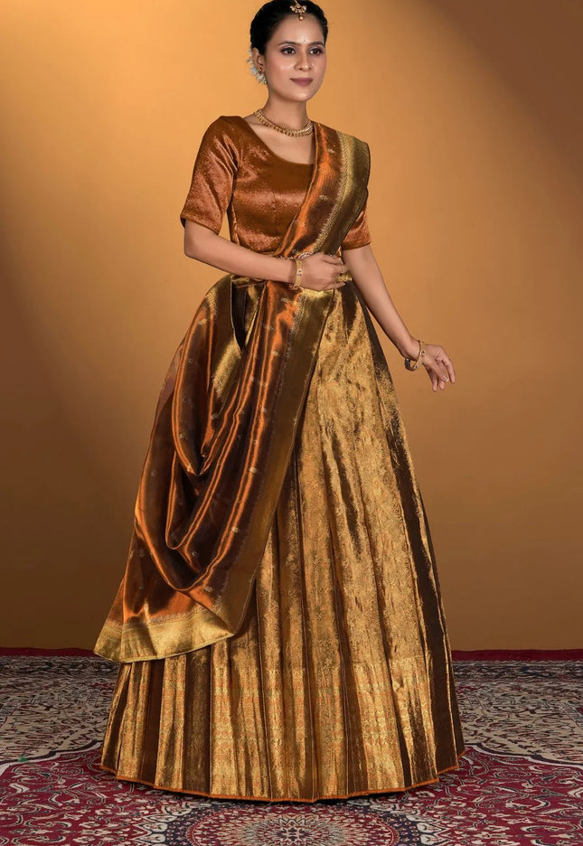 Brown Pure Two Tone Zari Tissue Lehenga Choli