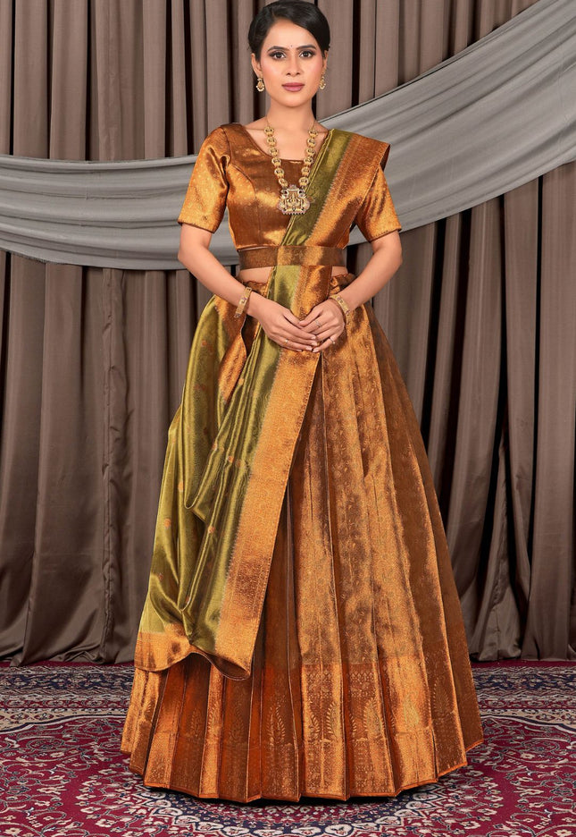 Woman wearing a traditional brown and green saree with a matching blouse