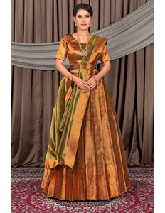 Woman wearing a traditional brown and green saree with a matching blouse