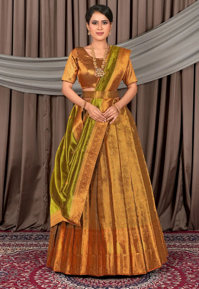 Brown Pure Two Tone Zari Tissue Pattu Half Saree For Women