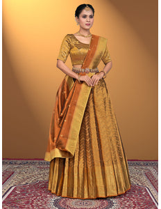 Woman wearing a traditional gold and brown lehenga choli