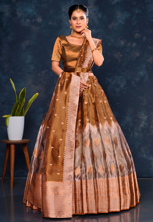 Woman wearing a traditional brown and beige lehenga choli with dupatta