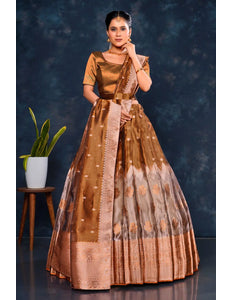 Woman wearing a traditional brown and beige lehenga choli with dupatta