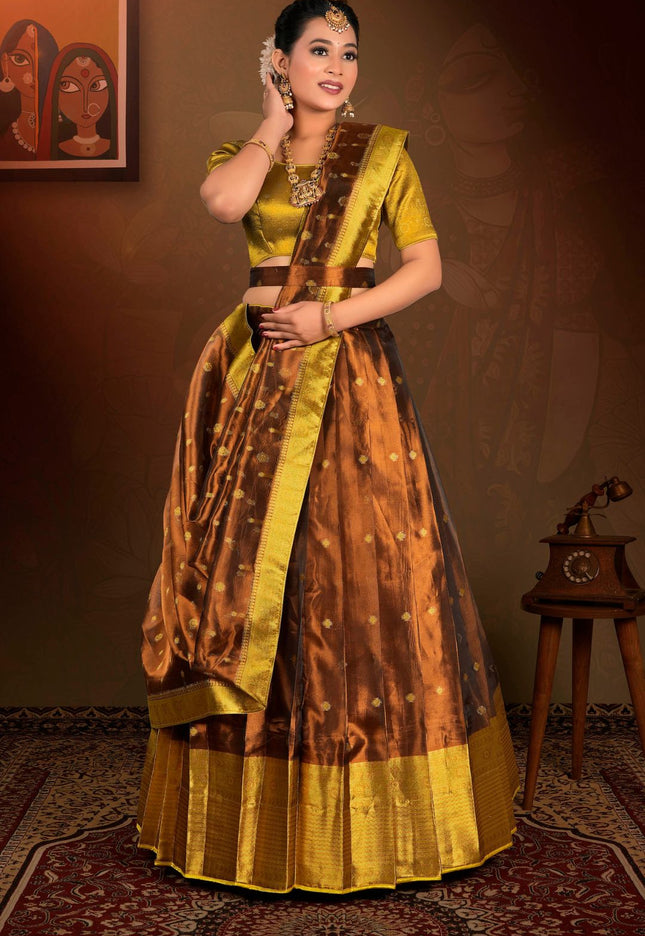 Woman in a traditional brown and yellow lehenga choli with dupatta