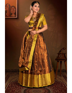Woman in a traditional brown and yellow lehenga choli with dupatta