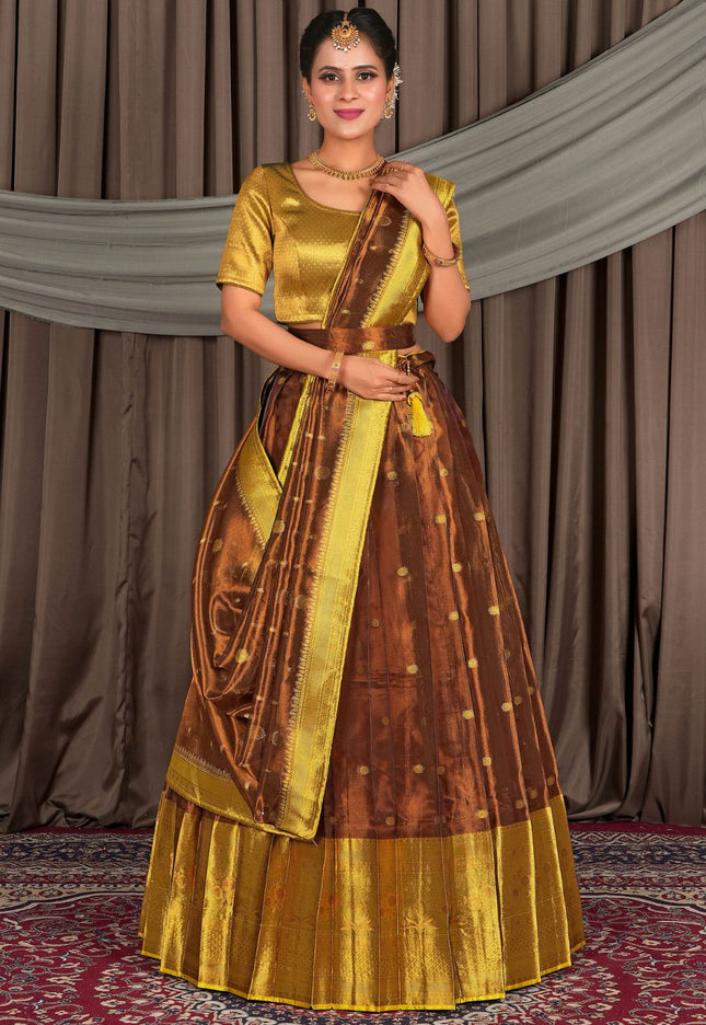 Woman wearing a traditional gold and brown lehenga choli with dupatta
