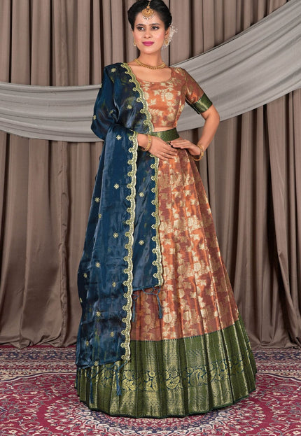 Woman wearing a traditional outfit with a brown and blue lehenga and a patterned blouse
