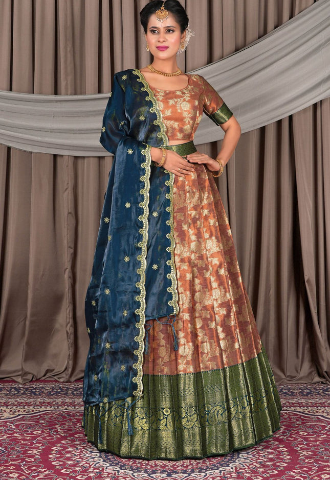 Woman wearing a traditional outfit with a brown and blue lehenga and a patterned blouse