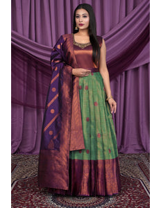 Woman wearing a traditional outfit with a purple and green Gown With Dupatta