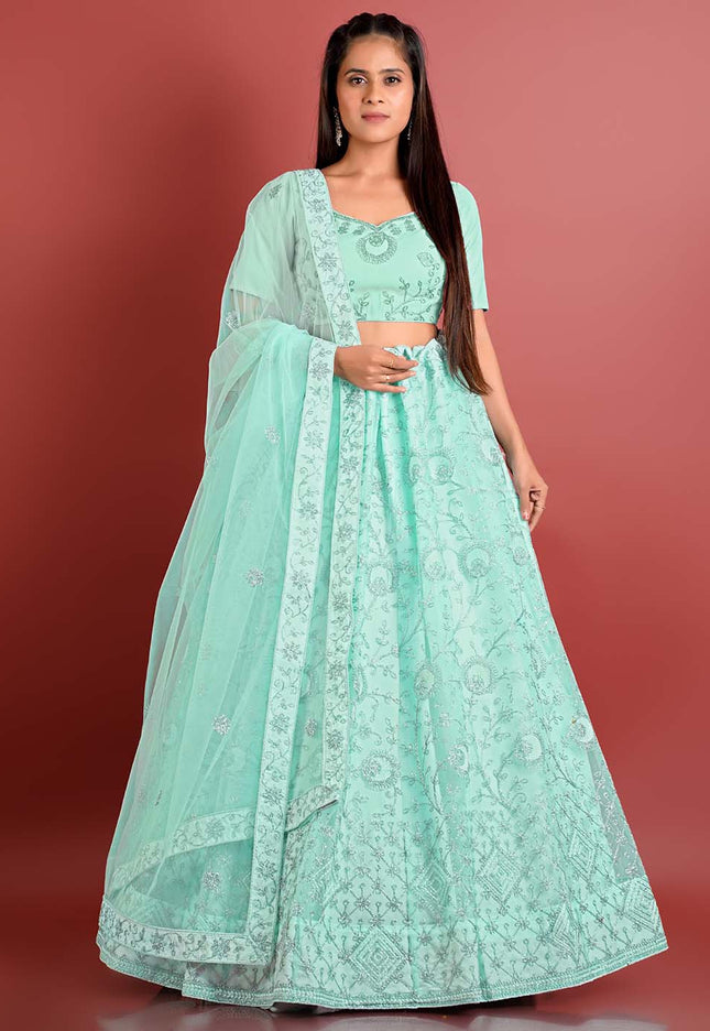 Sea Green Zari work Net Lehenga