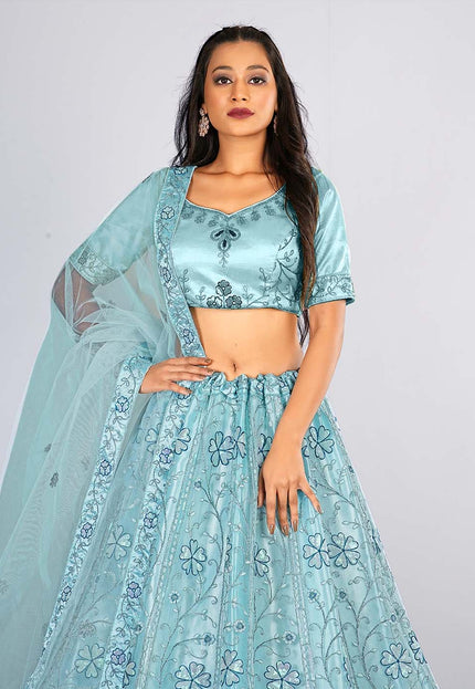 Sky Blue Embroidery Net Lehenga