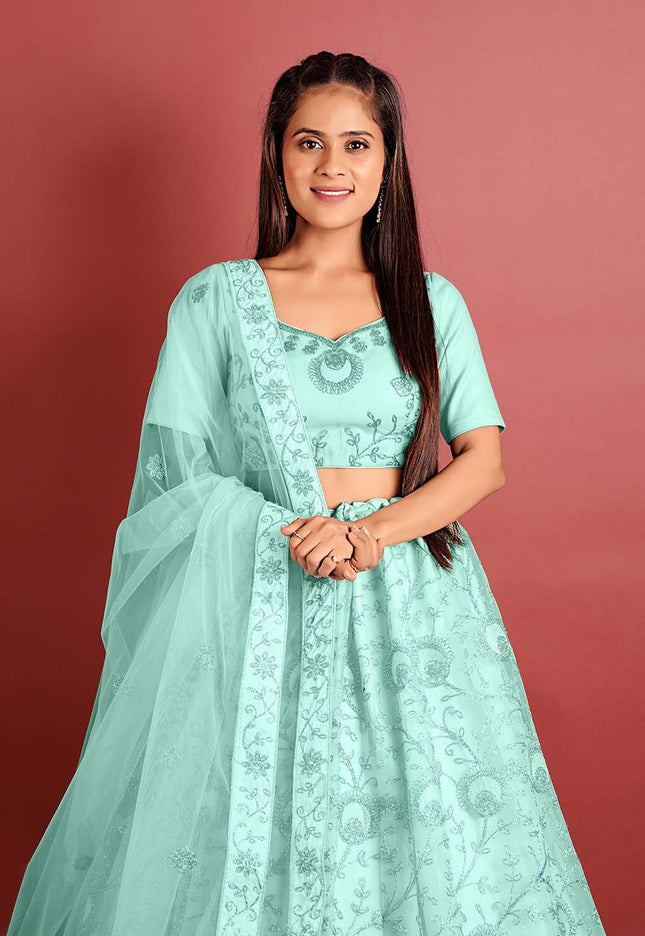 Sea Green Zari work Net Lehenga