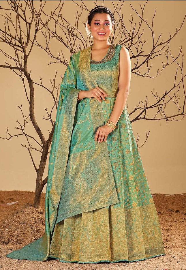 Sea Green Long Dress Banarasi Silk Zari Weaving
