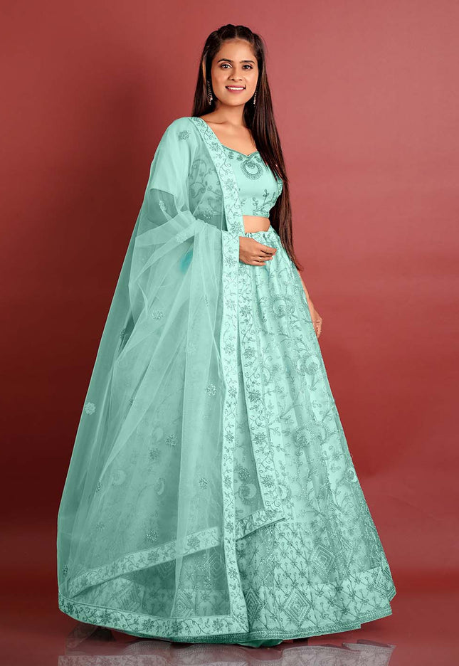 Sea Green Zari work Net Lehenga