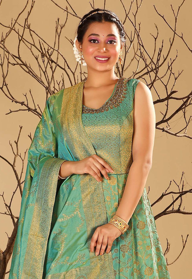 Sea Green Long Dress Banarasi Silk Zari Weaving