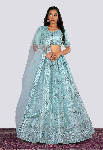 Sky Blue Embroidery Net Lehenga