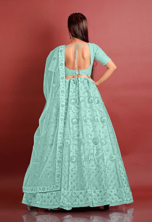 Sea Green Zari work Net Lehenga