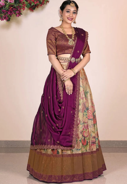 Chiku Banarasi Jacquard With Digital Print Lehenga Choli