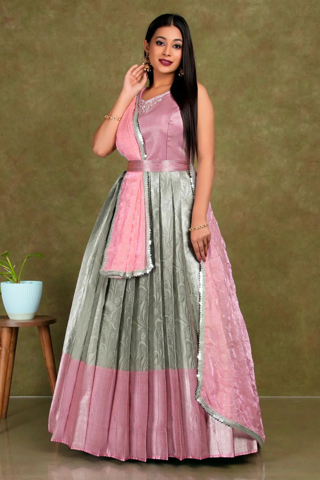 Chiku Banarasi Long Gown With Dupatta