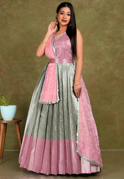 Chiku Banarasi Long Gown With Dupatta