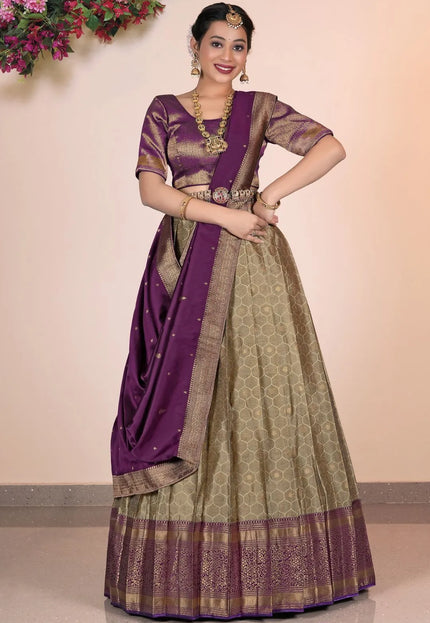 Chiku Banarasi Silk Half Saree With Zari Weaving