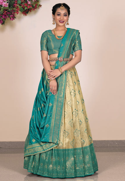 Woman wearing a green and beige traditional outfit