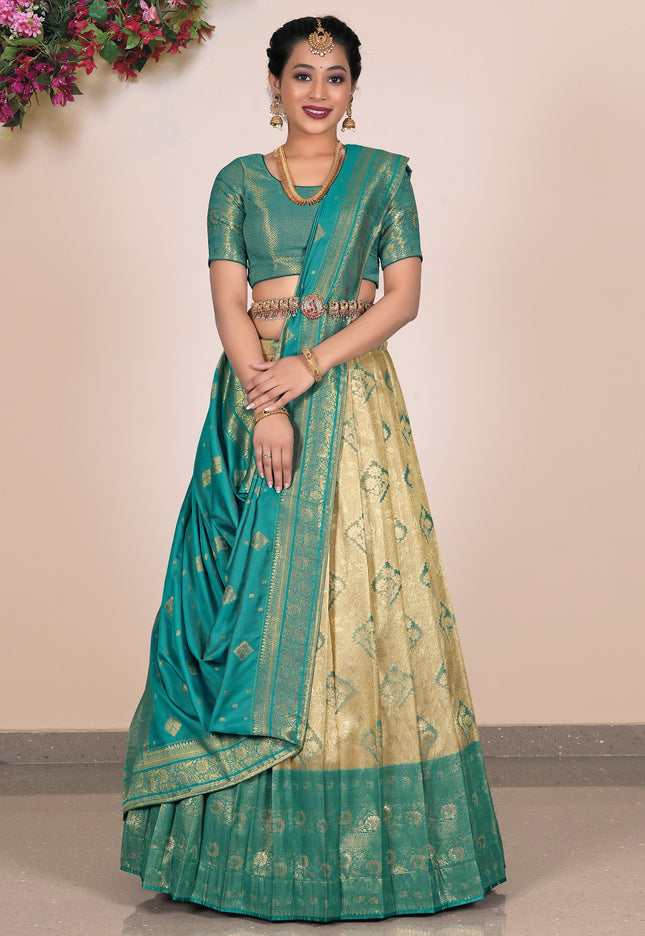 Woman wearing a green and beige traditional outfit