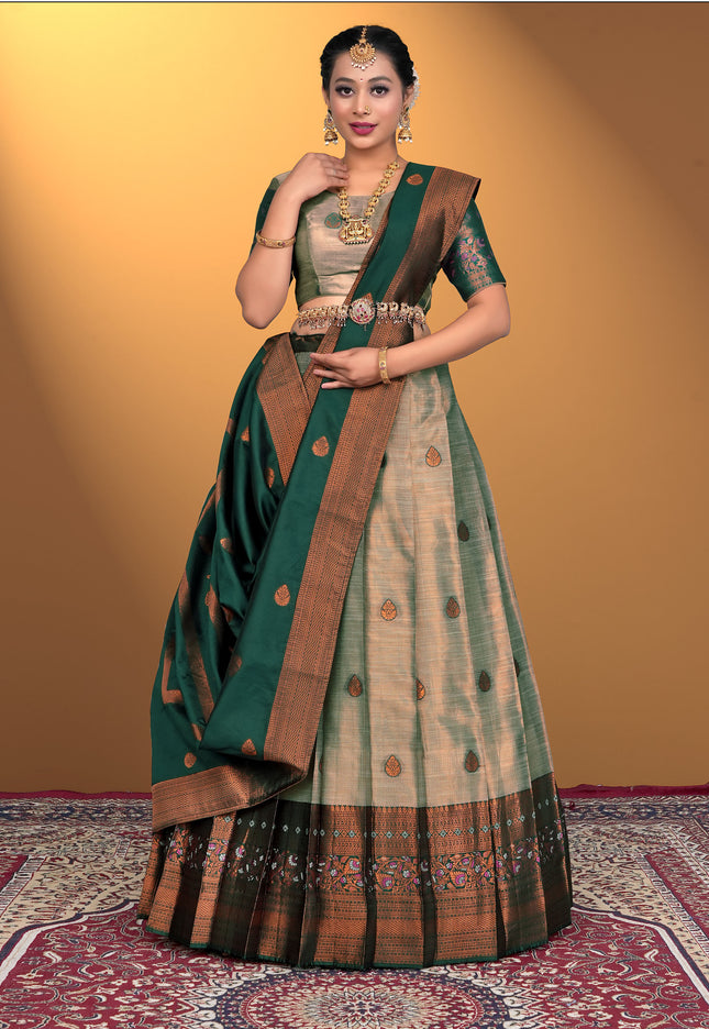 Woman wearing a traditional lehenga with a gold