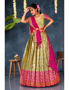 Woman in a chiku and pink traditional chaniya choli with dupatta