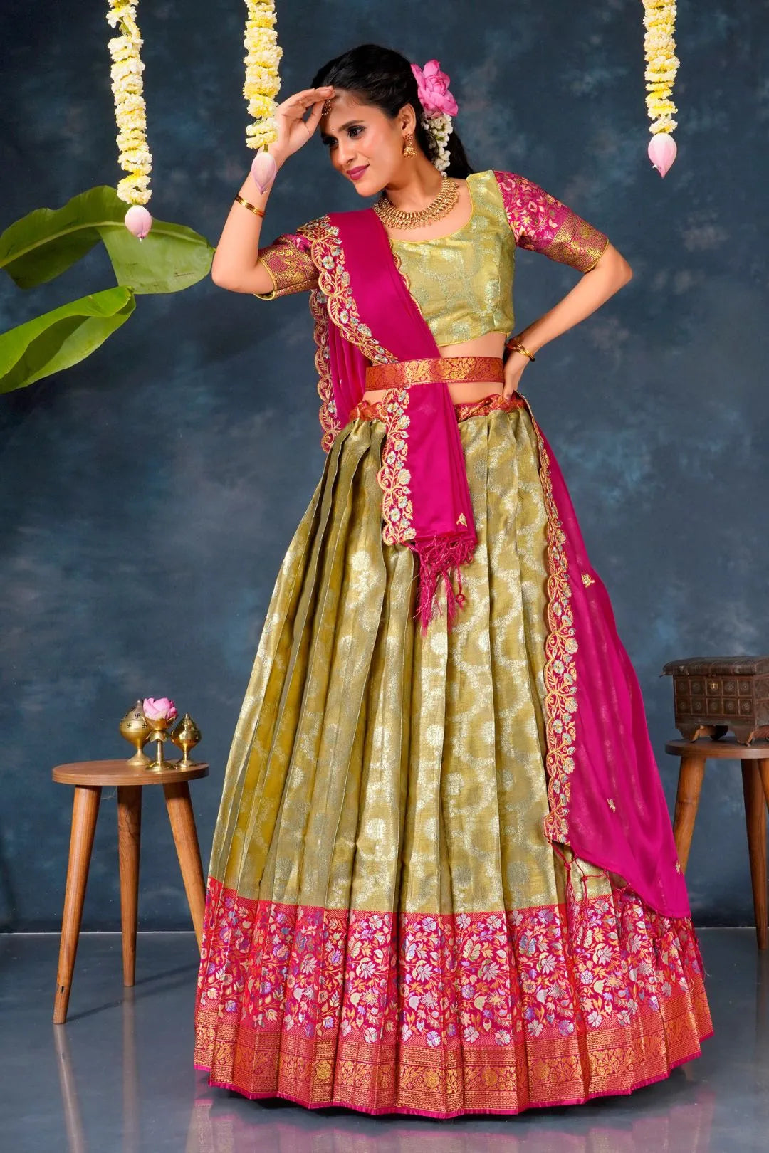 Chiku Banarasi Silk Pattu Half Saree With Zari Work