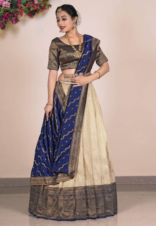 Woman wearing a traditional lehenga with a beige and blue pattern