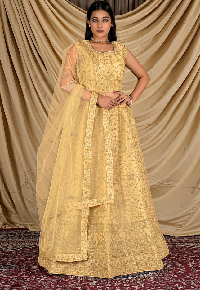 Chiku Colour Net Crop Top Lehenga Choli Gajiwala
