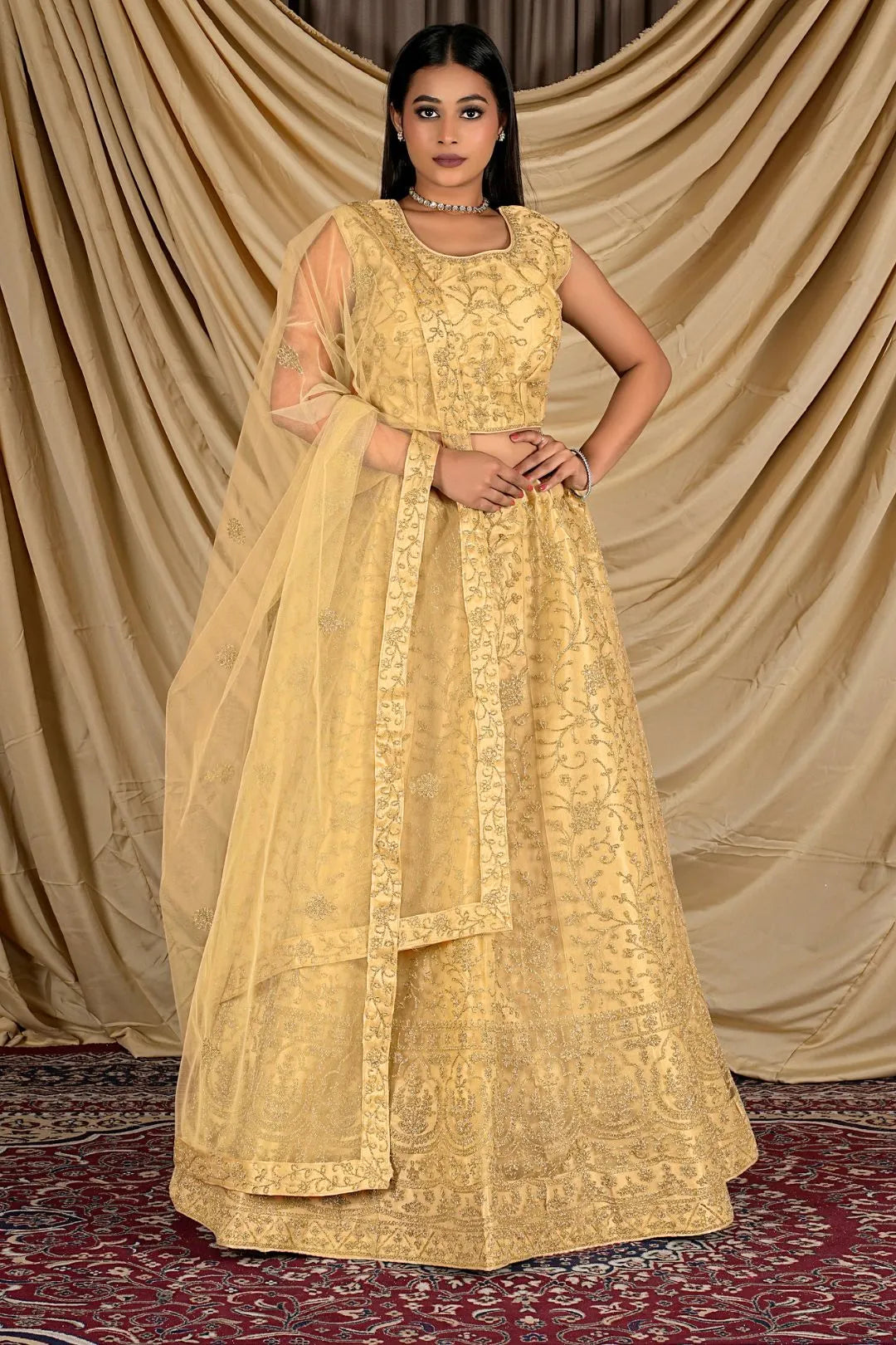 Chiku Colour Net Crop Top Lehenga Choli