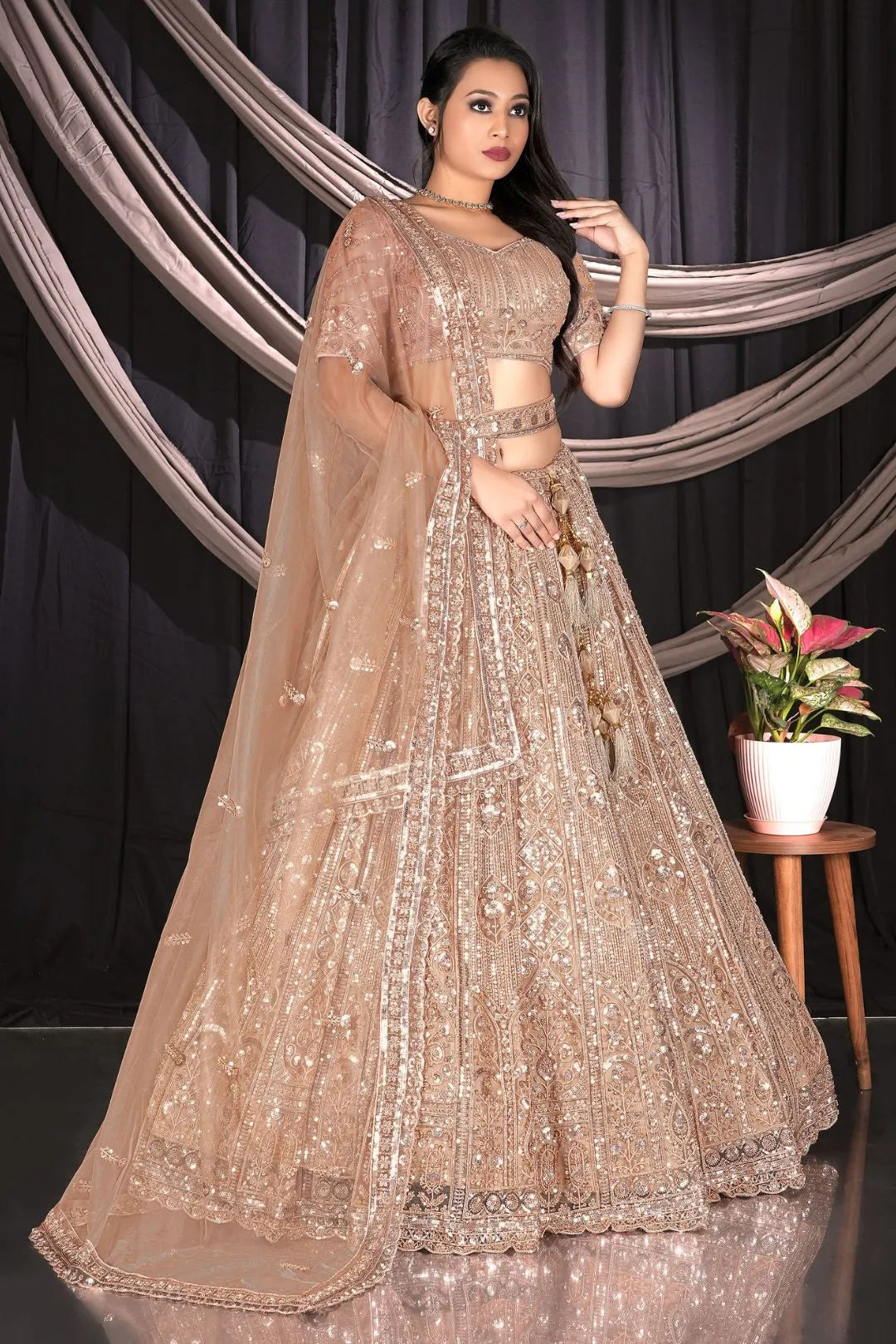 Chiku Colour Net Lehenga Choli Set For Women