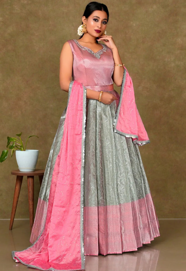 Chiku Pink Banarasi Long Gown With Dupatta