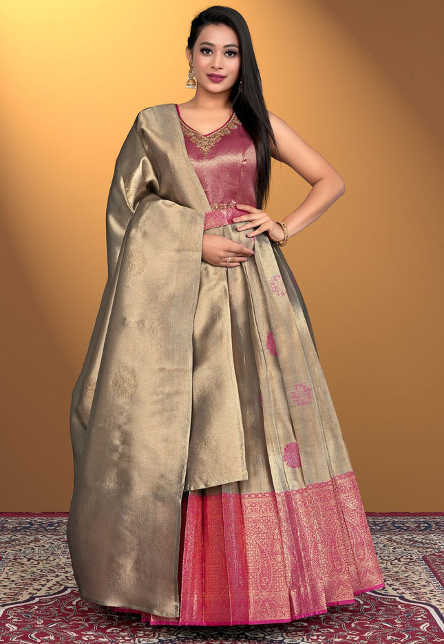 Woman wearing a traditional chiku gown with dupatta